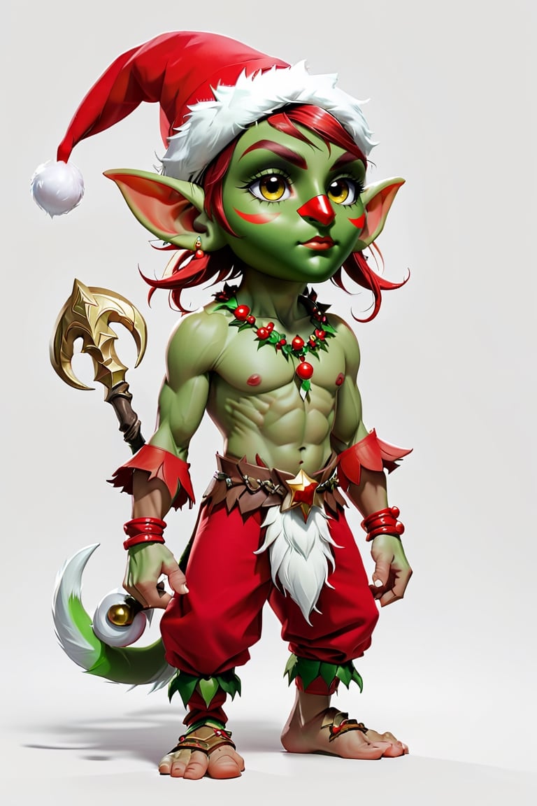 portrait of Male greenskin short goblin shaman wears red christmas clothes, full shot (FS), ((full body with legs)), standing, looking straight, | (white background:1.2), simple background |, muted colors, digital art, 8K resolution, ultra quality, Watercolor, trending on artstation, intricate details, highly detailed, greg rutkowski,3D