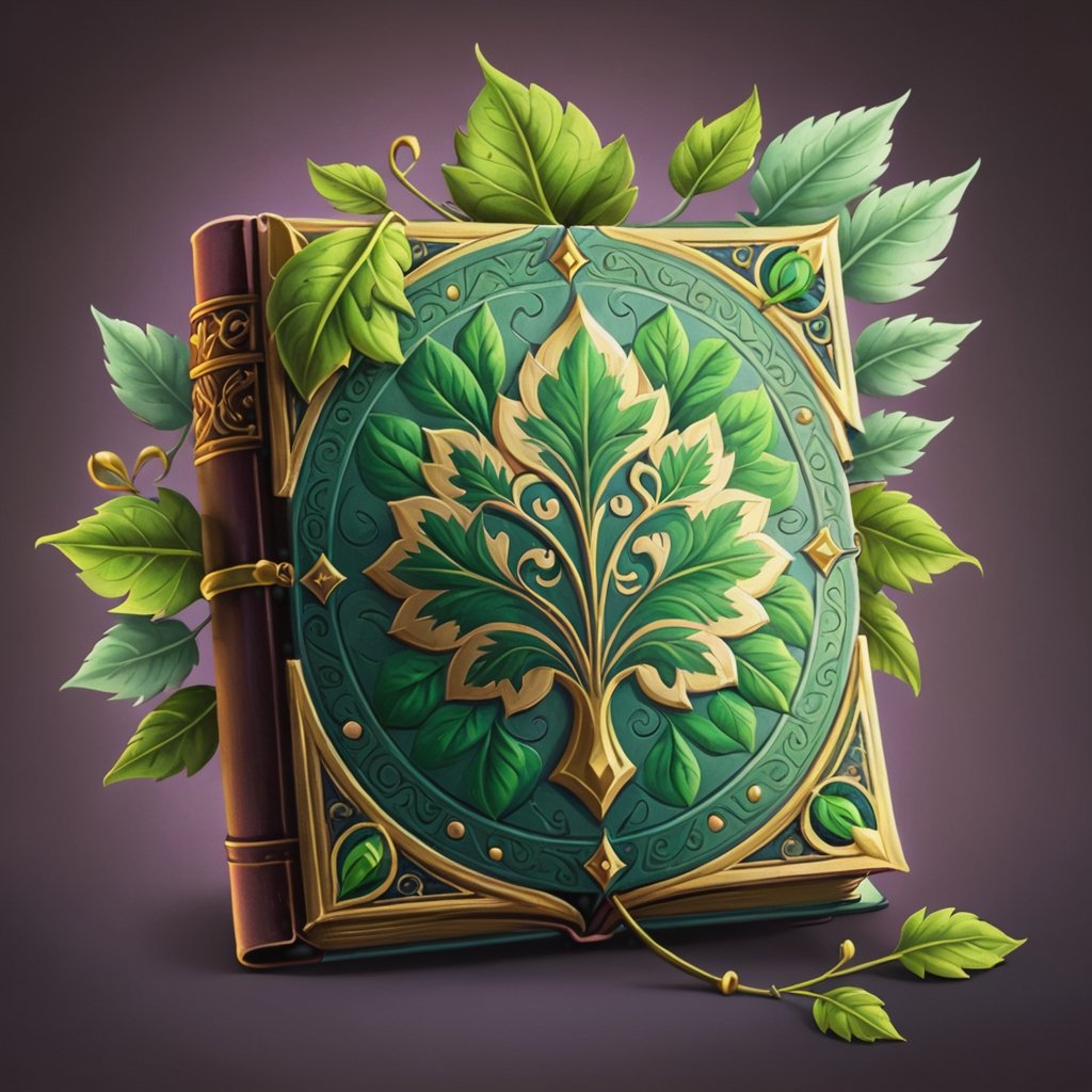 book of life, green leaf, game icon, medieval, pastel muted colors, digital art, 8K resolution, ultra quality, trending on artstation, intricate details, highly detailed