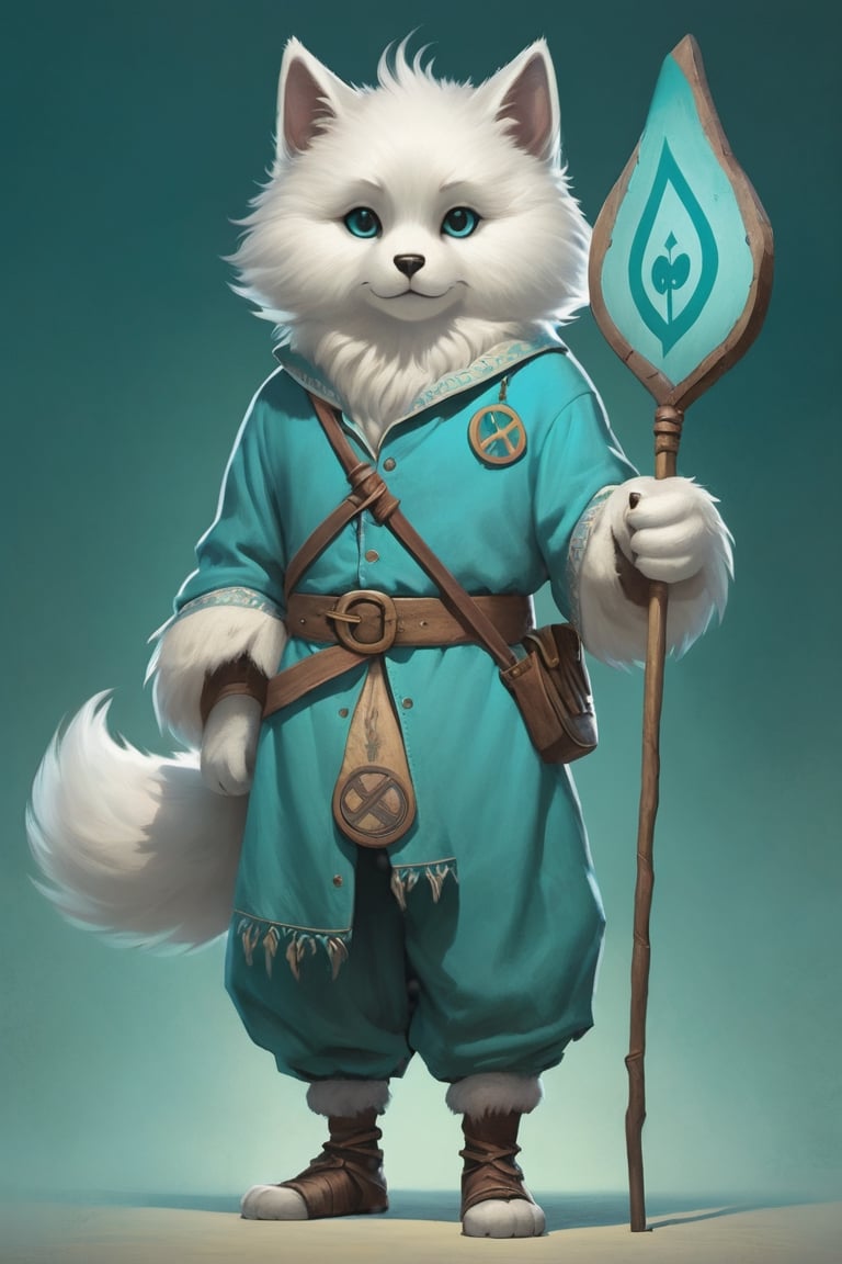 Tenten, Portrait of fluffy mascot with Teal Blue folkloric clothes holding staff with wooden air symbol engraved on it, ghost aura, standing, full shot (FS), ((full body with legs)), looking straight, digital art, medieval, 8K resolution, ultra quality, trending art station, greg rutkowski, muted colors, low saturation,High detailed,greg rutkowski