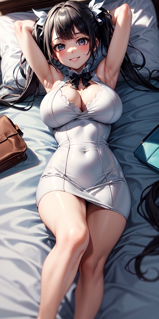 (masterpiece, best quality:1.5),,hestiadef,twintails,large breasts,white dress,white gloves,1girl,solo,looking at viewer,(seductive smile:1.2),on back,on bed,bedroom,arms up,