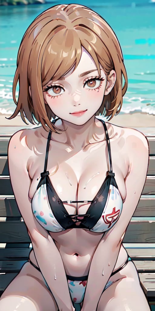 ((best quality)), ((highly detailed)), masterpiece, ((official art)), detailed face, beautiful face, (detailed eyes, deep eyes), (cowboy photo), nobara kugisaki, brown eyes, white bikini, medium chest, smile, landscape, outdoors, beach, intricately detailed, hyper detailed, blurred background, depth of field, best quality, masterpiece, intricate details, sitting, upper body, from above, cleavage, boobs, wet, hands resting on bench, sitting on bench, looking at viewer, curves, nsfw, tone mapping, sharp focus, hyper detailed, Trending on Artstation, 1 girl, high resolution, cross lace bikini