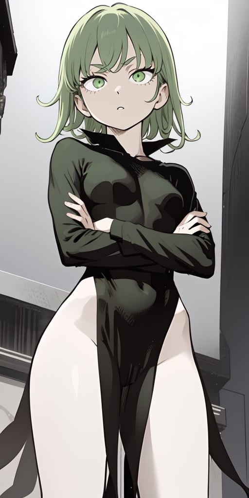 iom, 1girl, green hair, green eyes, long sleeves, dress, side slit, pelvic curtain, sexy, (from below: 1.3) arm crossed, nsfw