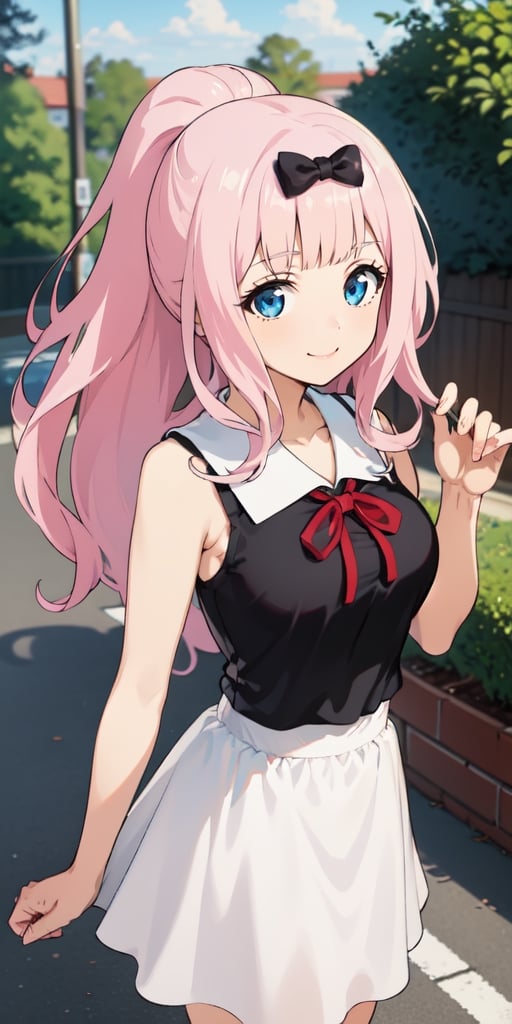 best quality, (masterpiece:1.2), detailed, , fujiwara chika (kaguya-sama), 1girl, solo, closed mouth, smile, pink hair, blue eyes, ponytail, ribbon, sleeveless shirt, green shirt, white skirt, standing, looking at the viewer, outdoors
