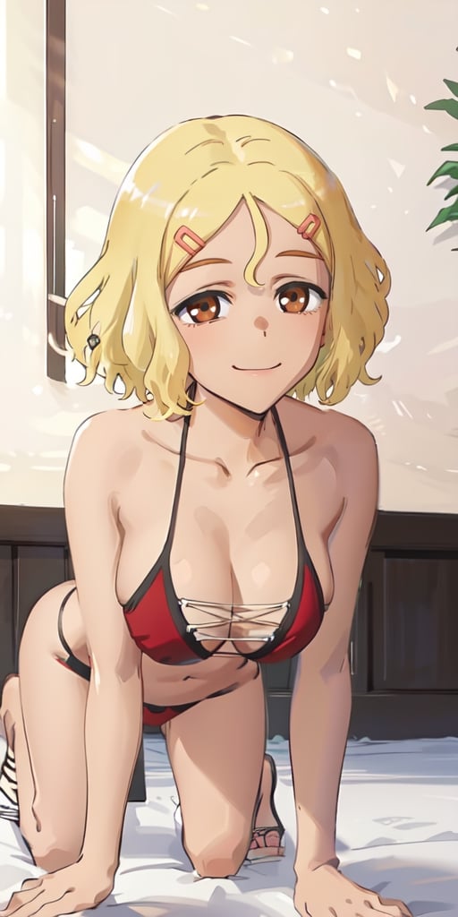 best quality, (masterpiece: 1.2), detailed, perfect face, beautiful face, Sakura, blonde hair, 1 girl, hair ornament, smile, alone, hairpin, short hair, brown eyes, dark skin, ((female body perfect)), upper body, haori, portrait, on all fours, High detailed, cross-laced bikini