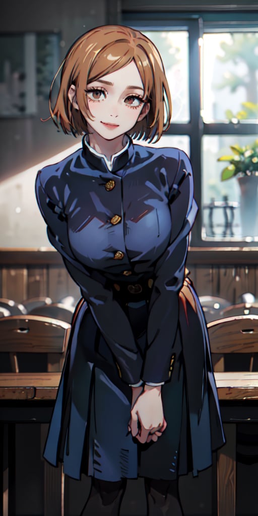 ((best quality)), ((highly detailed)), masterpiece, ((official art)), detailed face, beautiful face, (detailed eyes, deep eyes), (cowboy photo), nobara kugisaki, brown eyes, jujutsu kaisen, school uniform, blue jacket, blue skirt, brown belt, pantyhose, evil smile, from below, leaning forward landscape, interior, window, intricately detailed, hyper detailed, blurred background, depth of field, best quality, masterpiece, intricate details, tone mapping, sharp focus, hyper detailed, trending on Artstation, 1 girl, sideways, high resolution, official art, nobara kugisaki, portrait, SAM YANG
