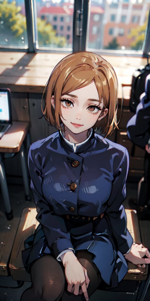 ((best quality)), ((highly detailed)), masterpiece, ((official art)), detailed face, beautiful face, (detailed eyes, deep eyes), (cowboy photo), nobara kugisaki, brown eyes, jujutsu kaisen, school uniform, blue jacket, blue skirt, brown belt, pantyhose, evil smile, from above, leaning landscape, interior, window, intricately detailed, hyper detailed, blurred background, depth of field, best quality, masterpiece, intricate details, tone mapping, sharp focus, hyper detailed, trending on Artstation, 1 girl, sideways, high resolution, official art, nobara kugisaki, portrait, sitting, looking at viewer, sitting at a desk, hands resting on desk, legs crossed, head bowedSAM YANG