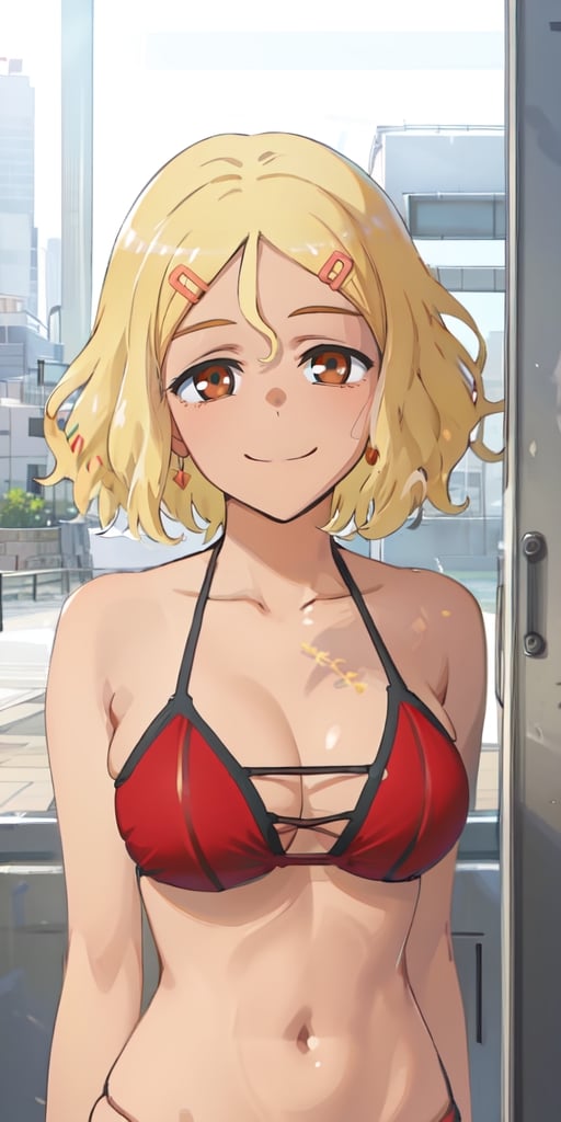 best quality, (masterpiece: 1.2), detailed, perfect face, beautiful face, Sakura, blonde hair, 1 girl, hair ornament, smile, alone, hairpin, short hair, brown eyes, dark skin, ((female body perfect)), upper body, haori, portrait, looking at viewer, High detailed, cross-laced bikini