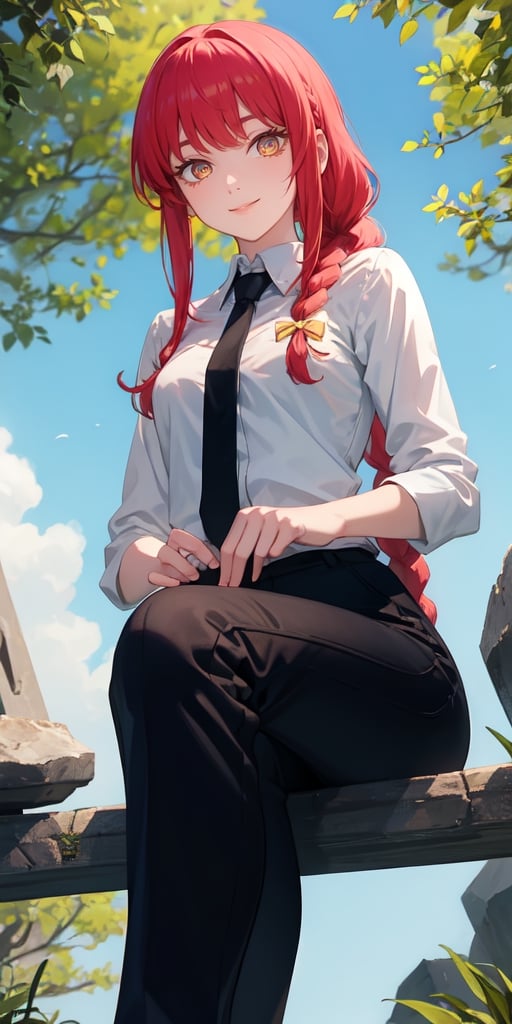 (masterpiece, best quality: 1.4), alone, looking at viewer, cowboy photo, smile, makima, ringed eyes, long hair, bangs, braided ponytail, redhead, side locks, collared shirt, tie, black pants Black, legs crossed, sitting, (from below: 1.3) medium chest, outdoors, blue sky, sanctuary, stone floor, horizon, upper body, blurred background