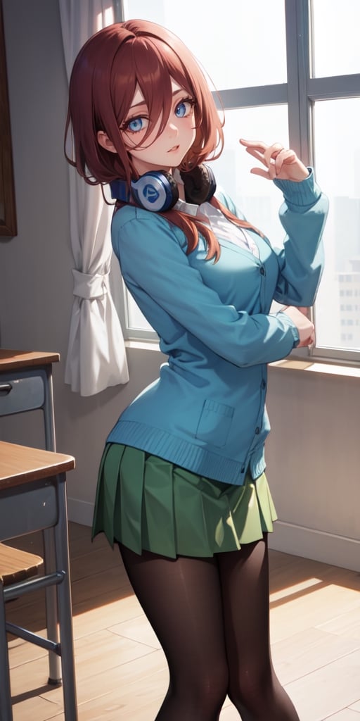 mikunakano, , miku nakano, long hair, bangs, blue eyes, brown hair, shirt, hair between eyes, headphones, cardigan, headphones around neck,BREAK skirt, shirt, long sleeves, white shirt, pantyhose, pleated skirt, black pantyhose, cardigan, green skirt, blue cardigan,BREAK indoors, classroom,BREAK looking at viewer, BREAK , (masterpiece:1.2), best quality, high resolution, unity 8k wallpaper, (illustration:0.8), (beautiful detailed eyes:1.6), extremely detailed face, perfect lighting, extremely detailed CG, (perfect hands, perfect anatomy),