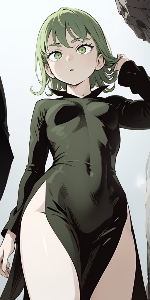 iom, 1girl, green hair, green eyes, long sleeves, dress, side slit, pelvic curtain, sexy, (from below: 1.3) 