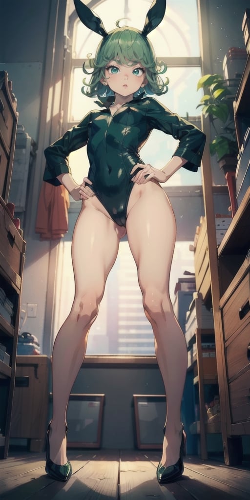 masterpiece, best quality, high resolution, 1 girl, tatsumaki, standing, hands on hips, small tits, looking at viewer, playboy_bunny_leotard,(from below:1.3), TatsumakiOPM, perfecteyes,SAM YANG,