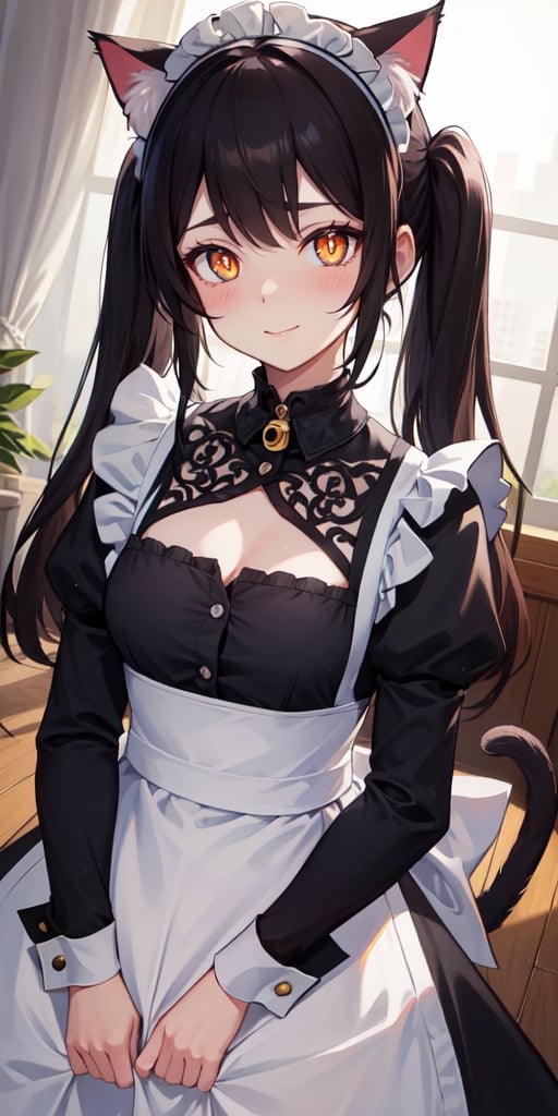 (best quality:1.1), (masterpiece:1.4), (absurdres:1.0), (cute illustration:1.4), portrait, 1girl, (cat ears:1.2), (cat tail:1.2), (intricate Maid Dress:1.4), maid, maid headdress, absurdly long hair, twintails, (slit pupils:1.4), (yellow eyes:1.1), black hair, huge mansion, (blush:1.2), (large eyes), looking at viewer, small breasts, bell collar, bright smile, (Directional lighting:1.2), detailed soft shadow,
