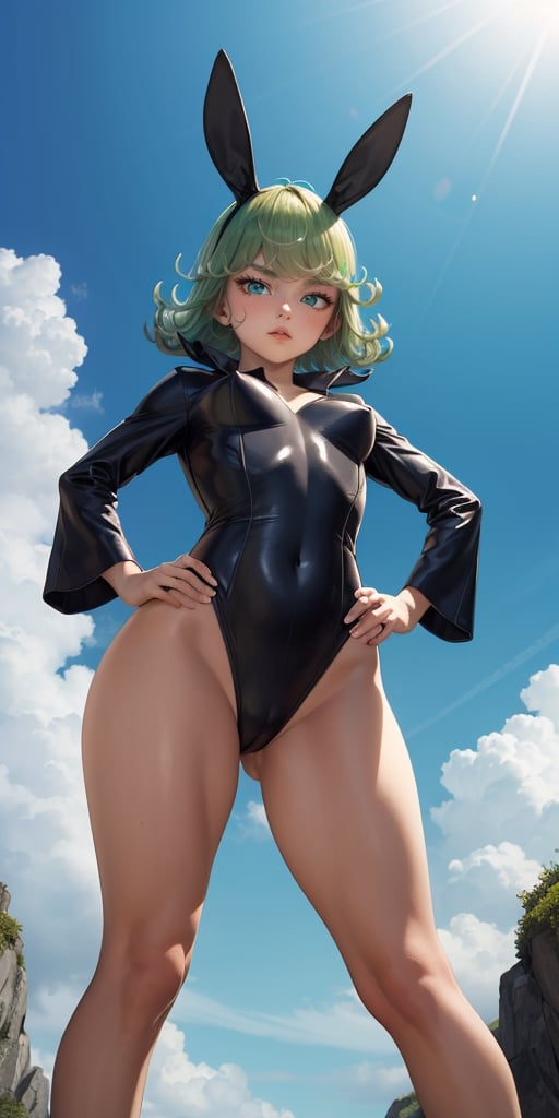 masterpiece, best quality, high resolution, 1 girl, tatsumaki, standing, hands on hips, small tits, looking at viewer, playboy_bunny_leotard,(from below:1.3), TatsumakiOPM, perfecteyes,SAM YANG