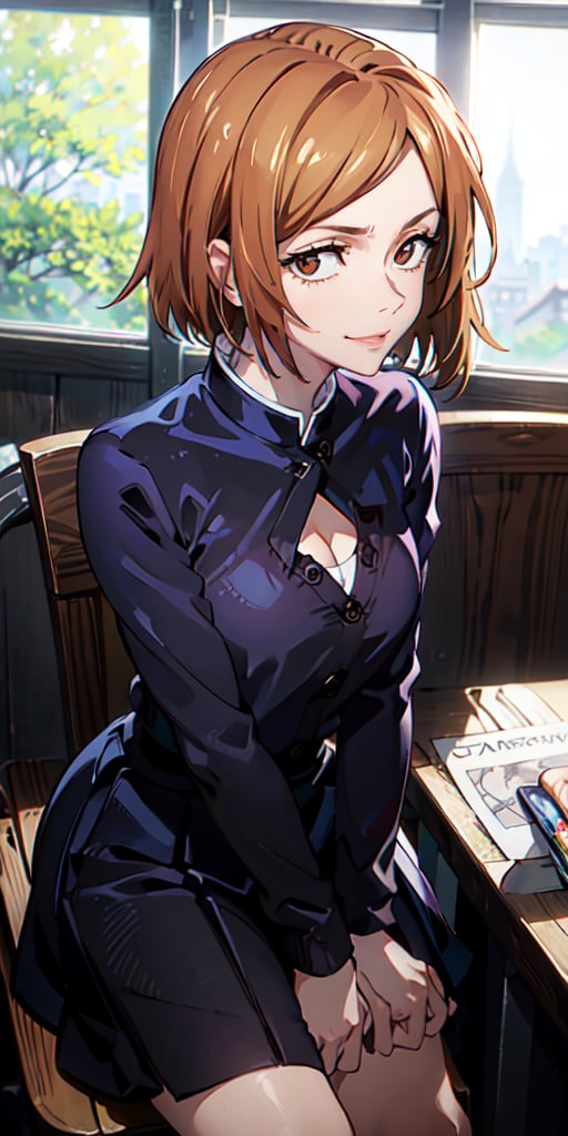 ((best quality)), ((highly detailed)), masterpiece, ((official art)), detailed face, beautiful face, (detailed eyes, deep eyes), (cowboy photo), nobara kugisaki, brown eyes, schoolgirl uniform, tight clothing, transparent shirt, evil smile, landscape, interior, window, intricately detailed, hyper detailed, blurred background, depth of field, best quality, masterpiece, intricate details, tone mapping , sharp focus, hyper detailed, trending on Artstation, 1 girl, sideways, high resolution, official art, nobara kugisaki, portrait, SAM YANG, leaning forward, cleavage, sitting, from above

