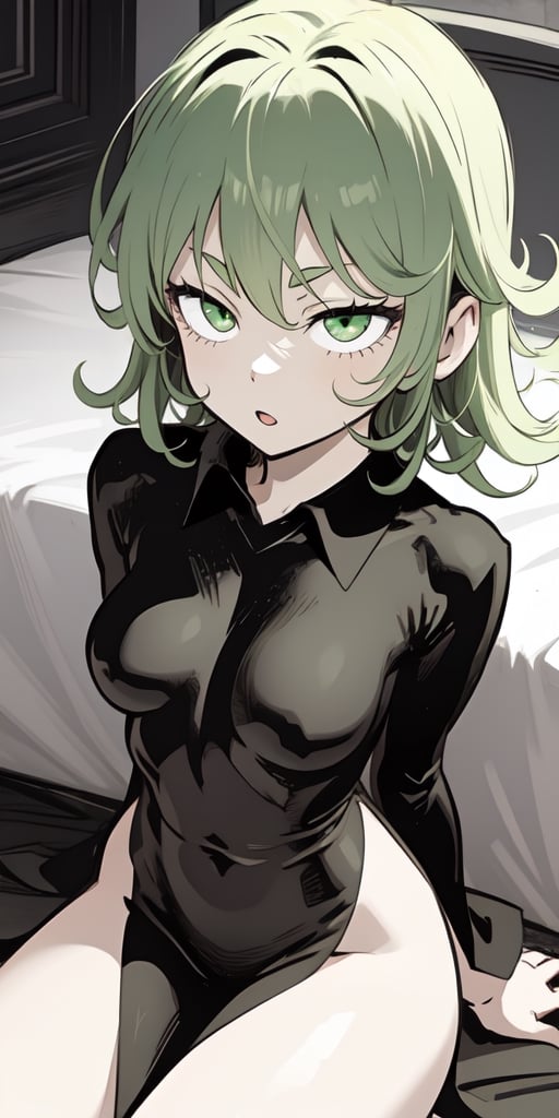 iom, 1girl, green hair, green eyes, long sleeves, dress, side slit, pelvic curtain, sexy, portrait, cute face