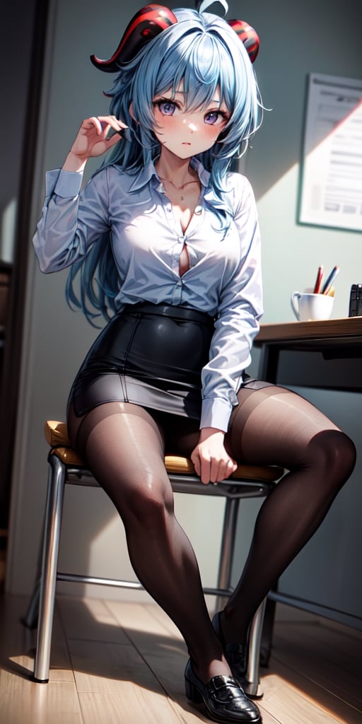 masterpiece, detailed, facing viewer, ganyurnd, white shirt, pencil_skirt, stockings, office, unbuttoned shirt