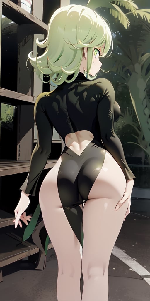 iom, 1girl, green hair, green eyes, long sleeves, , side slit, pelvic curtain, big ass, nsfw, from behind,round ass, standing,cutout dress, looking_at_viewer