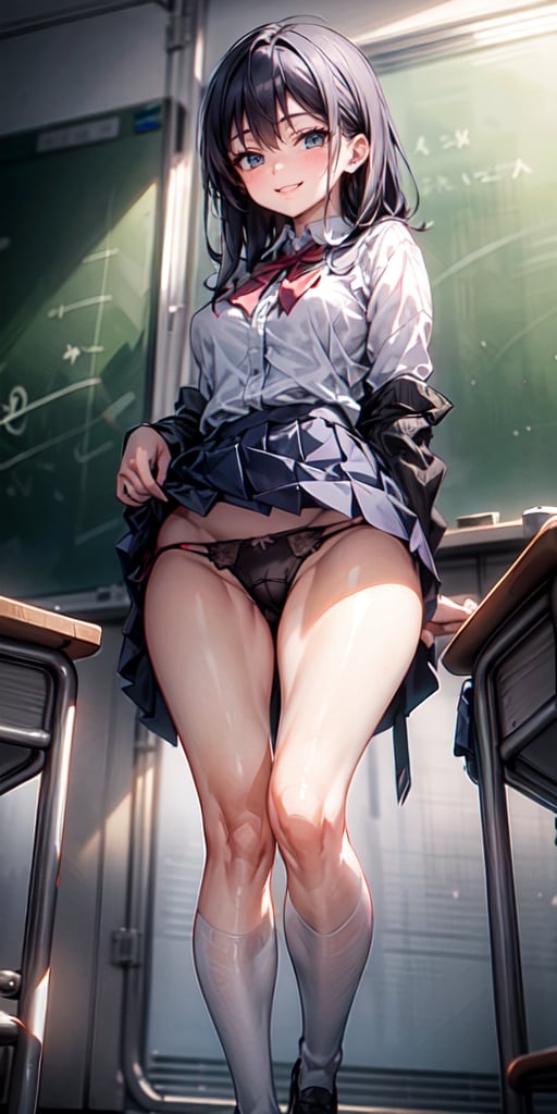 masterpiece, detailed, tall girl, classroom, accidental exposure panties, short skirt, smile