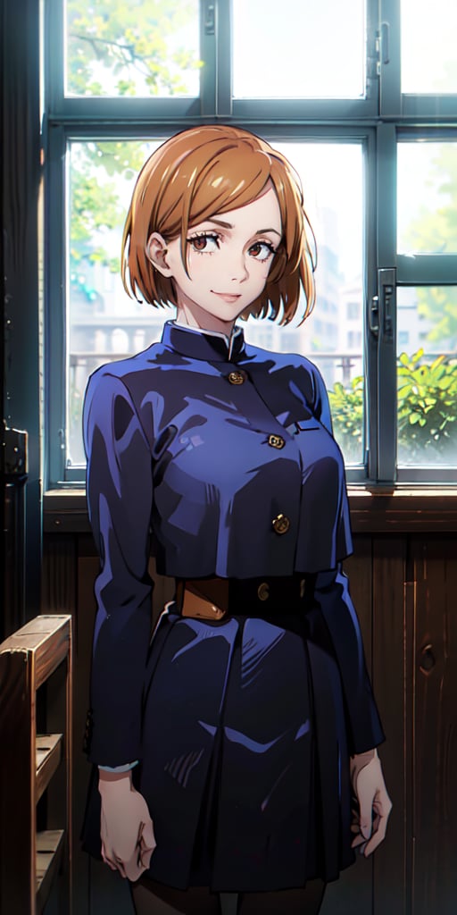 ((best quality)), ((highly detailed)), masterpiece, ((official art)), detailed face, beautiful face, (detailed eyes, deep eyes), (cowboy photo), nobara kugisaki, brown eyes, jujutsu kaisen, school uniform, blue jacket, blue skirt, brown belt, pantyhose, evil smile, landscape, interior, window, intricately detailed, hyper detailed, blurred background, depth of field, best quality, masterpiece, intricate details, tone mapping , sharp focus, hyper detailed, trending on Artstation, 1 girl, sideways, high resolution, official art, nobara kugisaki, portrait, SAM YANG
