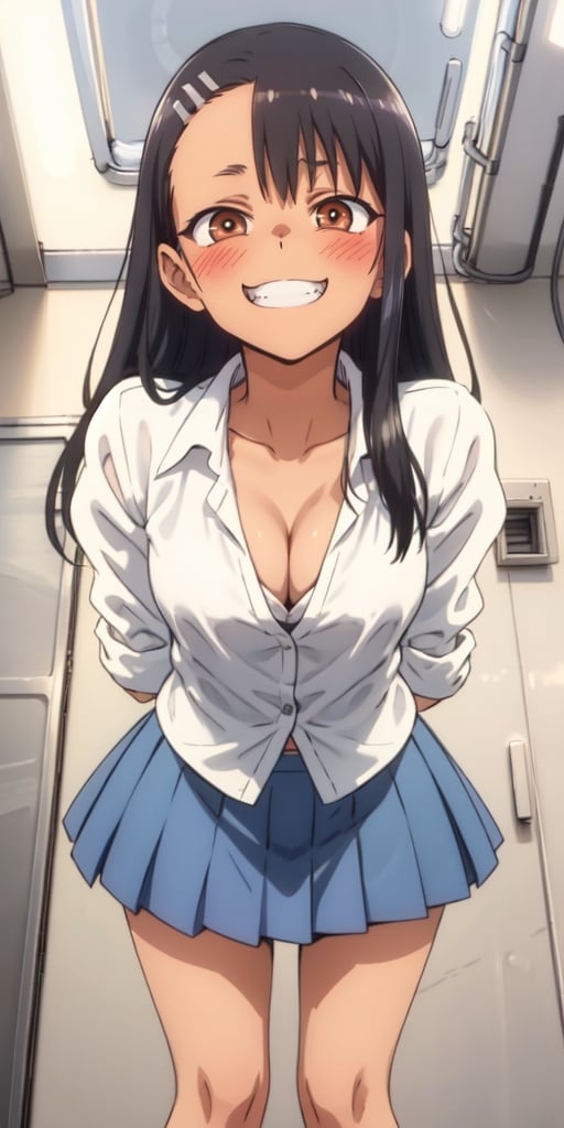 , nagatoro hayase, blue skirt, cleavage, small breasts, (from below:1.2), bent over, grin, blush, best quality, masterpiece, perfect lighting, arms behind back,