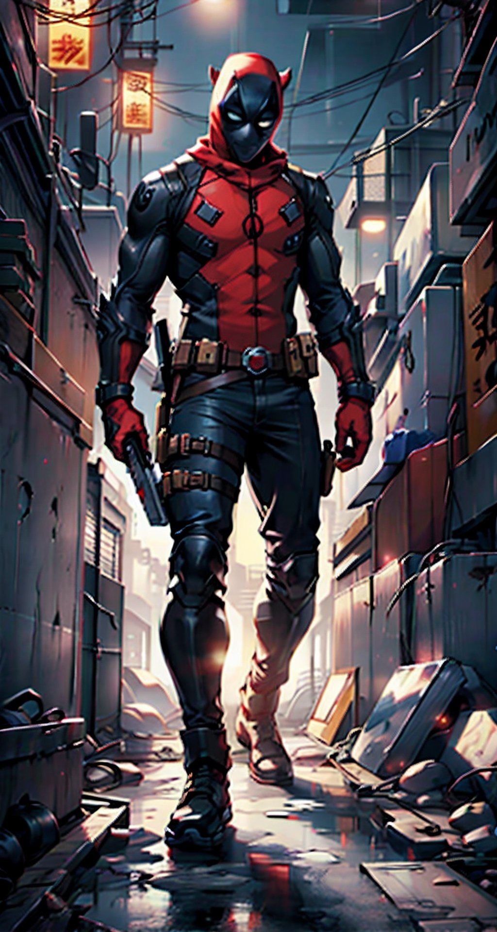 Create the character Deadpool from Marvel Comics, full body, the character must carry a 36 caliber magnun weapon and a gold dagger in the other hand, his suit is crimson red with black parts, his pants are jet black, the mask must be crimson red and white in the eyes, his belt must have an "X" as a buckle, the background must be an exploding tank, 
24.1 megapixel, 1053 focus point, 4150k dots screen resolution, (8K, RAWphoto, ultra-best quality, masterpiece: 1.2), (realistic, photo- realistic:1.37), ultra-detailed, ultra-realistic, professional lighting, photon mapping, radiosity, physically-based rendering, highly detailed, digital photography, cinematographic lighting, rendering photography, rendering photo, Color magic,Saturated colors, 