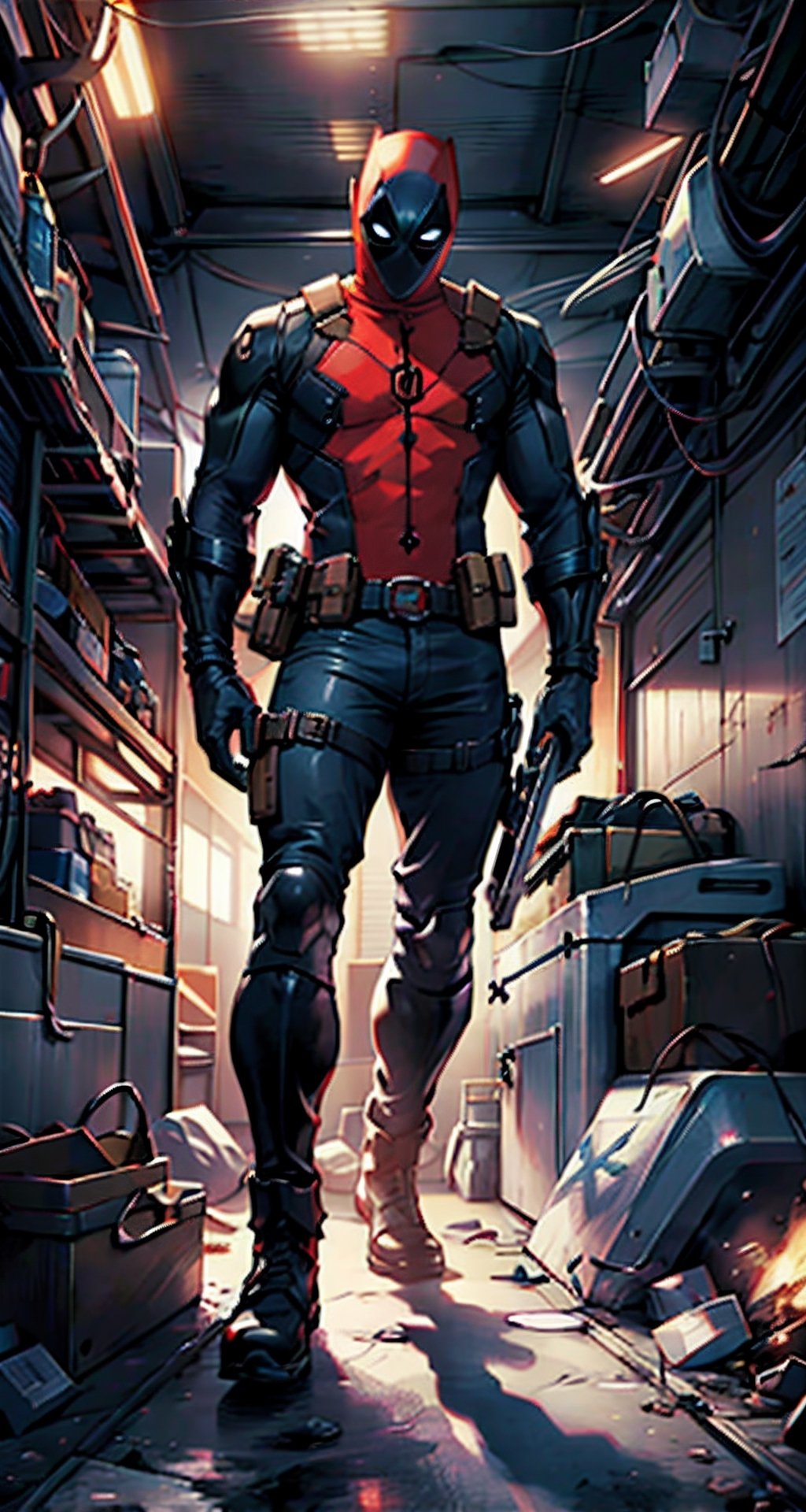 Create the character Deadpool from Marvel Comics, full body, the character must carry a 36 caliber magnun weapon and a gold dagger in the other hand, his suit is crimson red with black parts, his pants are jet black, the mask must be crimson red and white in the eyes, his belt must have an "X" as a buckle, the background must be an exploding tank, 
24.1 megapixel, 1053 focus point, 4150k dots screen resolution, (8K, RAWphoto, ultra-best quality, masterpiece: 1.2), (realistic, photo- realistic:1.37), ultra-detailed, ultra-realistic, professional lighting, photon mapping, radiosity, physically-based rendering, highly detailed, digital photography, cinematographic lighting, rendering photography, rendering photo, Color magic,Saturated colors, 