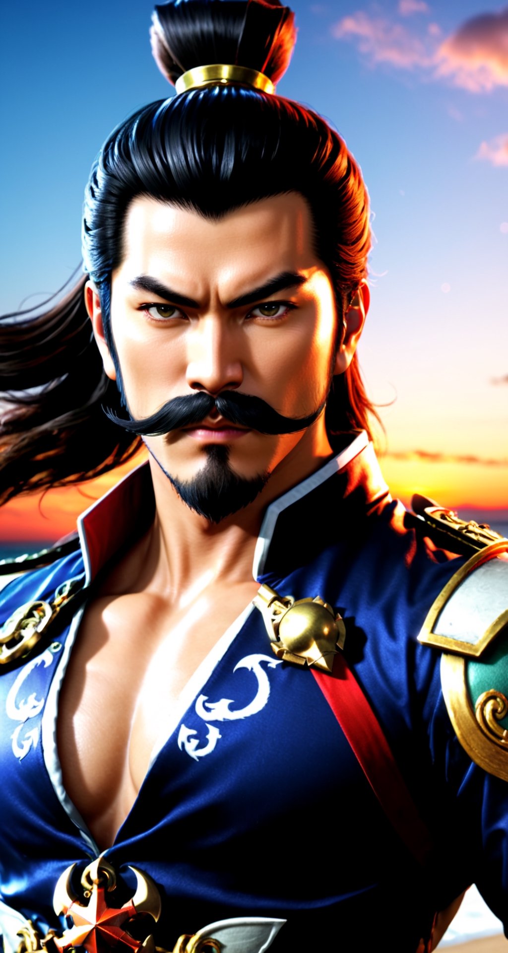 Create the character Zhang Liao from the role-playing game Dynasty Warriors by the game company Koei Tecmo
BREAK
(revolutionary mustache:1.5), (anchor beard:1.5), (fierce look:1.5)
BREAK
(sunset_beach background: 1.5), (cleavage large:1.5), (standing pose: 1.5), (dinamic pose:1.5), (night sky:1.5), (Full_body:1.5)
BREAK
(beautiful_hands: 1.5), (beautiful_feets: 1.5), (pretty fingers:1.5)
BREAK
(Realistic, Photorealistic: 1.5), (Masterpiece, Best Quality: 1.4), (Ultra High Resolution: 1.5), (RAW Photo: 1.2), (Face Focus: 1.2), (Ultra Detailed CG Unified 8k Wallpaper: 1.5), (Hyper Sharp Focus: 1.5), (Ultra Sharp Focus: 1.5), (Beautiful pretty face: 1.5) (professional photo lighting:1.3), , (super detailed background, detail background: 1.5), (elegant:1.3), (kinematic:1.4),better_hands