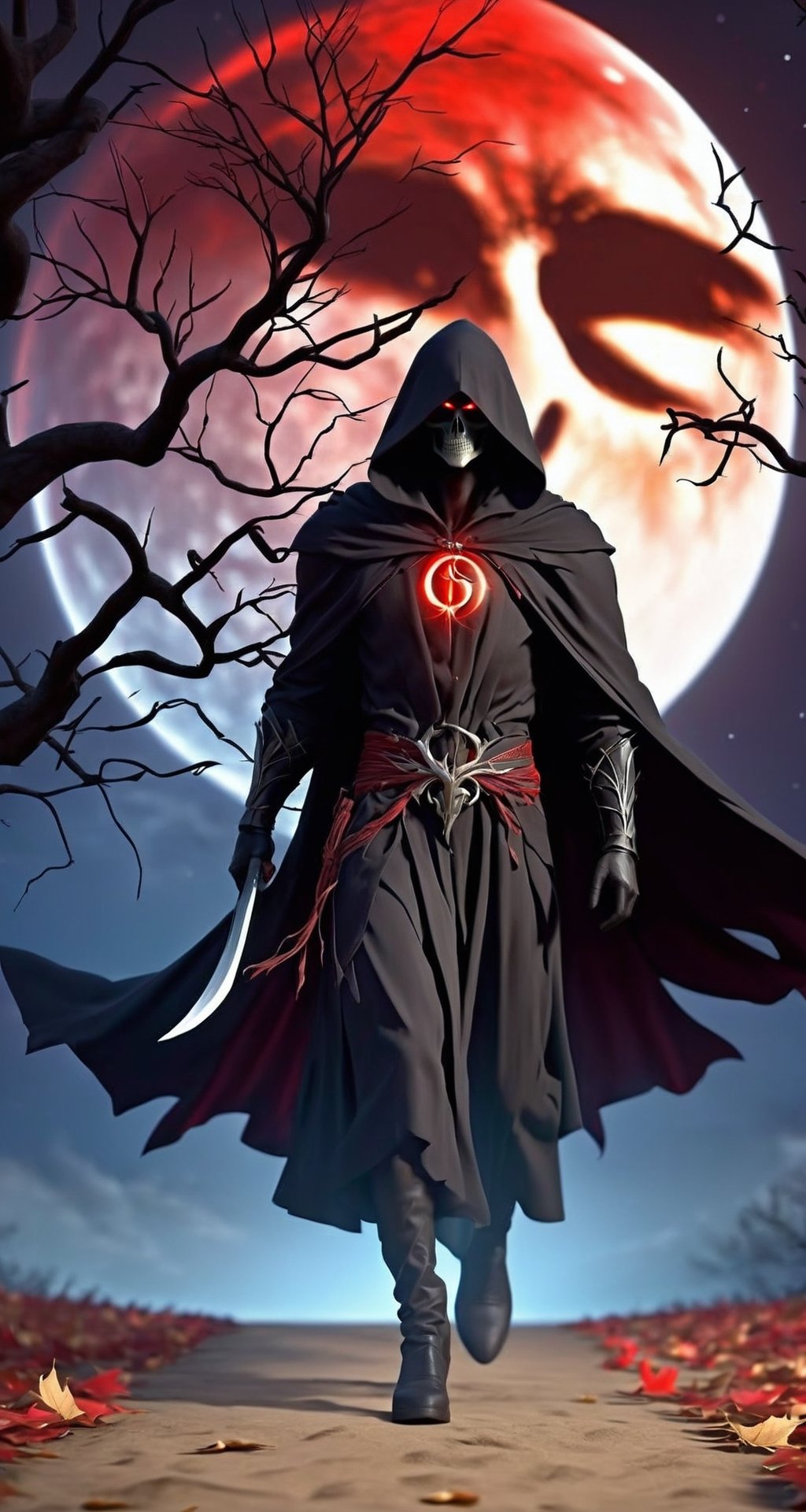 (grim reaper: 1.5), (full body), (black clothes: 1.5), (dark path: 1.3), (sickle: 1.4), (night sky: 1.2), (trees dry: 1.5), (dry leaves:1.4), (bright red moon:1.3), (falling leaves:1.5), (spectrum:1.5)
BREAK
(Realistic, Photorealistic: 1.5), (Masterpiece, Best Quality: 1.4), (Ultra High Resolution: 1.5), (RAW Photo: 1.2), (Face Focus: 1.2), (Ultra Detailed CG Unified 8k Wallpaper: 1.5), (Hyper Sharp Focus: 1.5), (Ultra Sharp Focus: 1.5), (Beautiful pretty face: 1.5), (professional photo lighting:1.3), , (super detailed background, detail background: 1.5), (elegant:1.3), (kinematic:1.4),realhands,monster