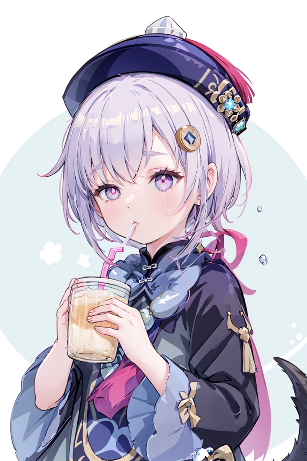 masterpiece, best quality, qiqi (genshin impact), 1girl, drinking straw, solo, hat, qing guanmao, coin hair ornament, hair ornament, jiangshi, purple hair, bead necklace, beads, drinking, ofuda, holding, snowflakes, necklace, purple eyes, bangs, jewelry, long sleeves, hair between eyes, looking at viewer, chibi, drink, long hair, sidelocks, coconut, drinking straw in mouth, milk carton, sparkling eyes, +_+, symbol-shaped pupils, wide sleeves, chinese clothes, juice box, talisman, can, bendy straw, white background, holding drink,qiqi (genshin impact)