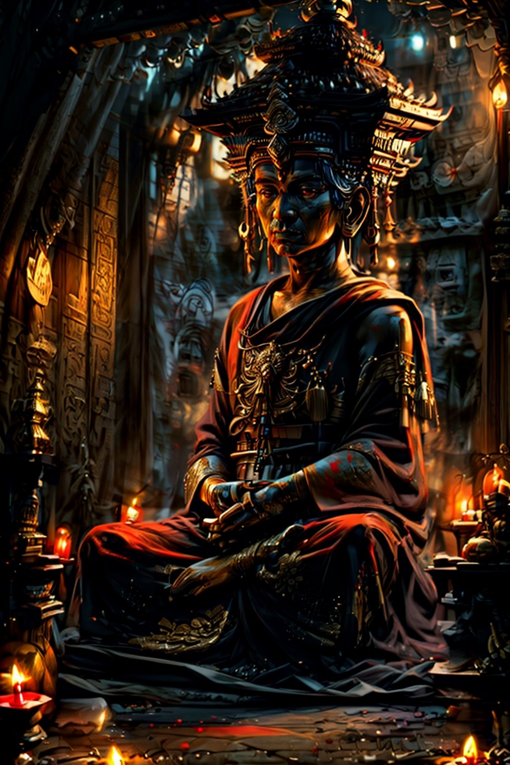 Paint a vivid picture of a Nepalese Buddhist monk, his eyes exuding profound wisdom and intensity. Set this remarkable figure against a backdrop of a meticulously detailed 3D environment, where a temple and countless candles illuminate the scene with a realistic and captivating ambiance