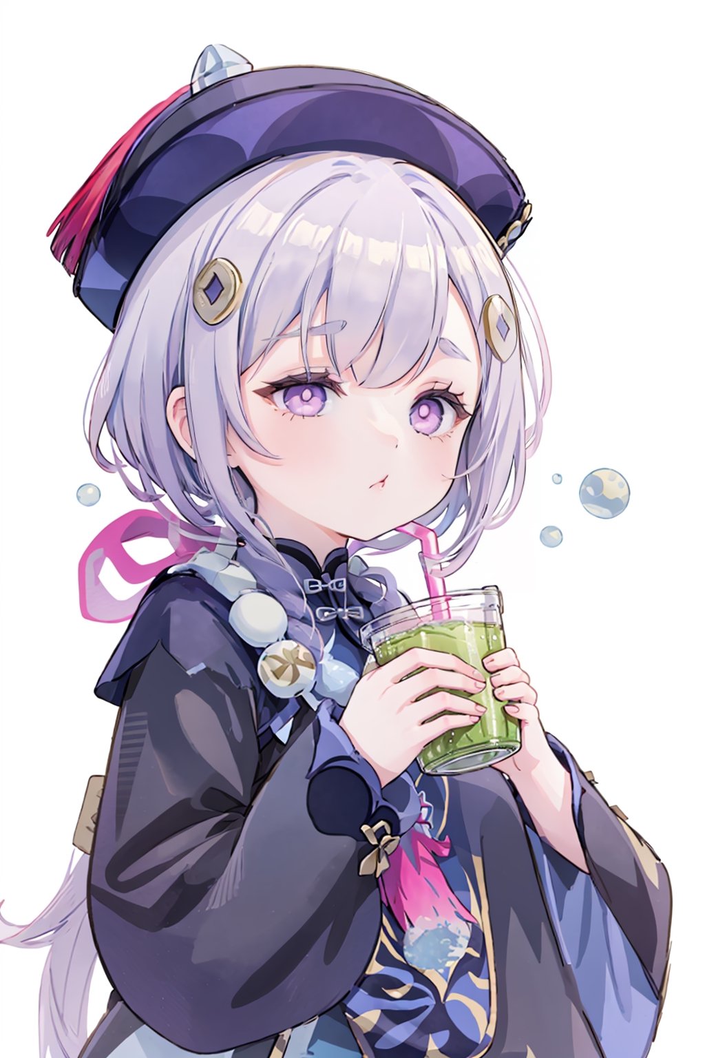 masterpiece, best quality, qiqi (genshin impact), 1girl, drinking straw, solo, hat, qing guanmao, coin hair ornament, hair ornament, jiangshi, purple hair, bead necklace, beads, drinking, ofuda, holding, snowflakes, necklace, purple eyes, bangs, jewelry, long sleeves, hair between eyes, looking at viewer, chibi, drink, long hair, sidelocks, coconut, drinking straw in mouth, milk carton, sparkling eyes, +_+, symbol-shaped pupils, wide sleeves, chinese clothes, juice box, talisman, can, bendy straw, holding drink,qiqi (genshin impact)