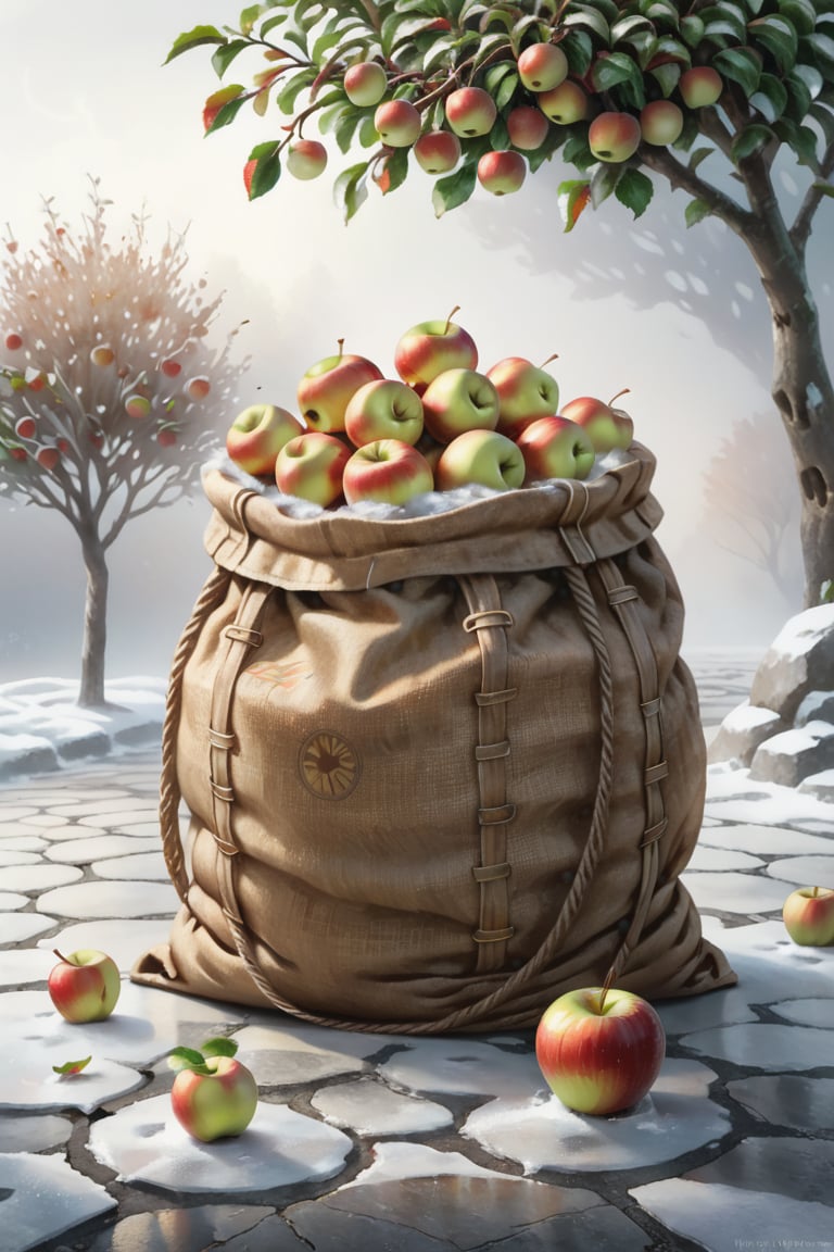 bunch of apples in a sack standing on round stone frost pavement, | (white background:1.2), simple background |, Cinematic lighting, ethereal light