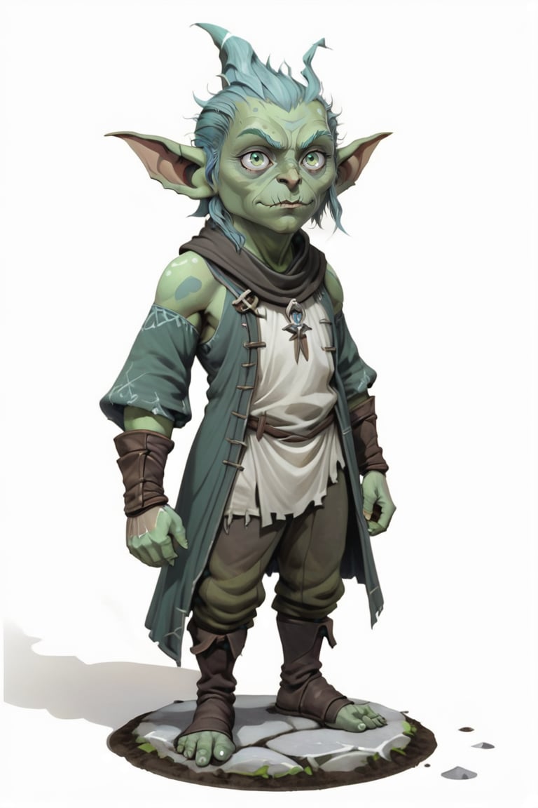 portrait of male green skin short goblin oracle with frost clothes standing on a round stone dirt pavement, short height, (green skin:1.5), full shot (FS), ((full body with legs)), standing, looking straight, | (white background:1.2), simple background |, medieval, pastel muted colors, digital art, 8K resolution, ultra quality, trending on artstation, intricate details, highly detailed,arcane