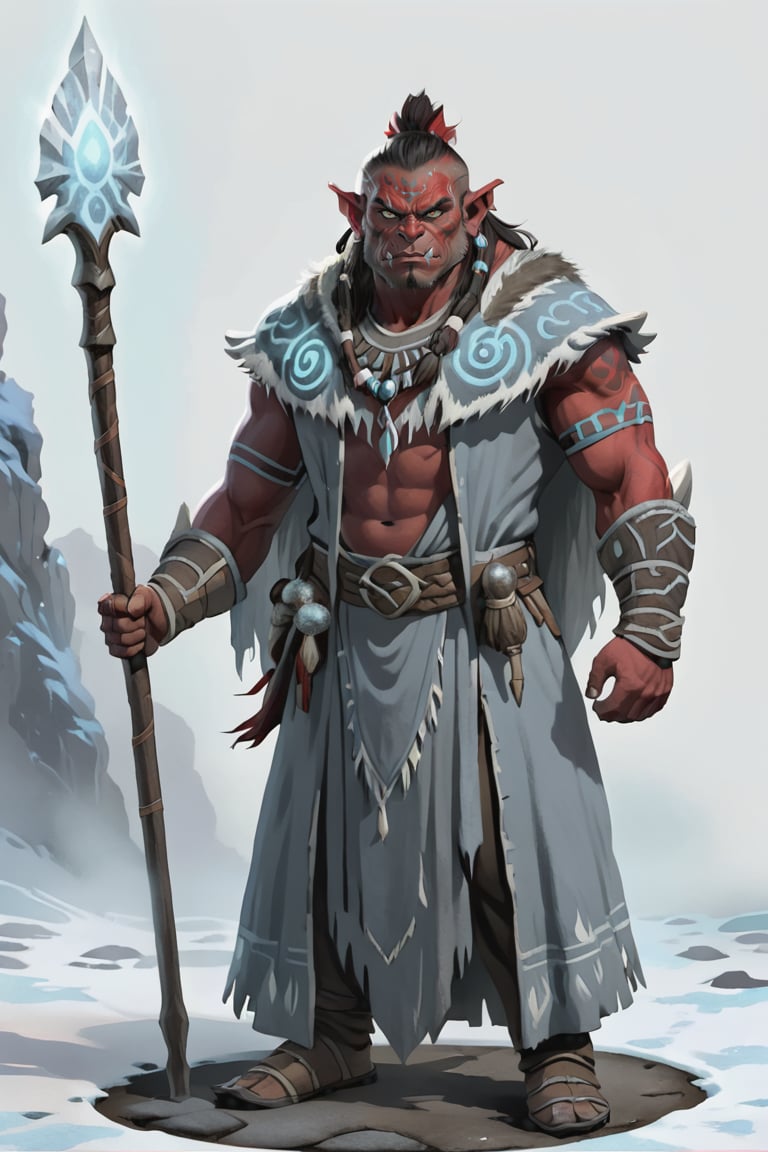 portrait of male pastel red skin orc shaman with frost clothes holding frost staff standing on a round stone dirt pavement, (frost aura:1.5), (red skin:1.5), full shot (FS), ((full body with legs)), standing, looking straight, | (white background:1.2), simple background |, Cinematic lighting, ethereal light, medieval, pastel muted colors, digital art, 8K resolution, ultra quality, trending on artstation, intricate details, highly detailed