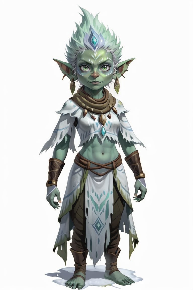 portrait of green skin short goblin female shaman with frost clothes, (short height) (green skin:1.5), (frost aura:1.5), full shot (FS), ((full body with legs)), standing, looking straight, | (white background:1.2), simple background |, medieval, pastel muted colors, digital art, 8K resolution, ultra quality, Watercolor, trending on artstation, intricate details, highly detailed