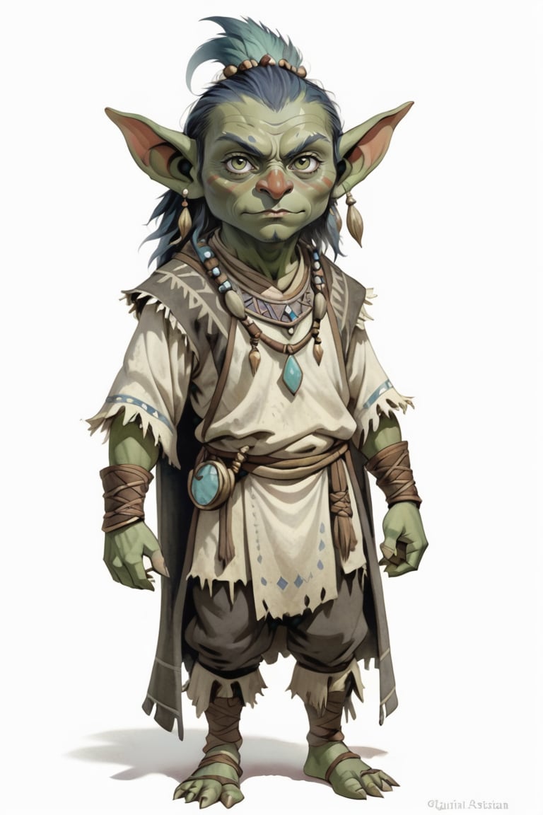 portrait of goblin small short shaman with stone clothes, full shot (FS), ((full body with legs)), standing, looking straight, | (white background:1.2), simple background |, medieval, pastel muted colors, digital art, 8K resolution, ultra quality, Watercolor, trending on artstation, intricate details, highly detailed