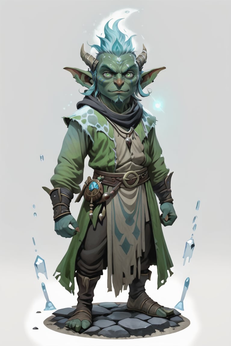 portrait of male green skin short goblin shaman bard with ice blue frost clothes standing on a round stone dirt pavement, short height, (green skin:1.5), full shot (FS), ((full body with legs)), standing, looking straight, | (white background:1.2), simple background |, Cinematic lighting, ethereal light, medieval, pastel muted colors, digital art, 8K resolution, ultra quality, trending on artstation, intricate details, highly detailed