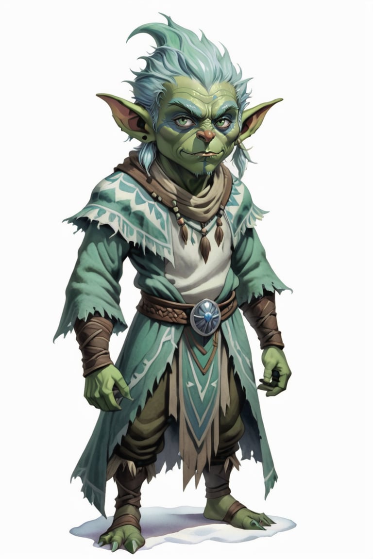 portrait of green skin goblin small short shaman with frost clothes, (green skin:1.5), full shot (FS), ((full body with legs)), standing, looking straight, | (white background:1.2), simple background |, medieval, pastel muted colors, digital art, 8K resolution, ultra quality, Watercolor, trending on artstation, intricate details, highly detailed