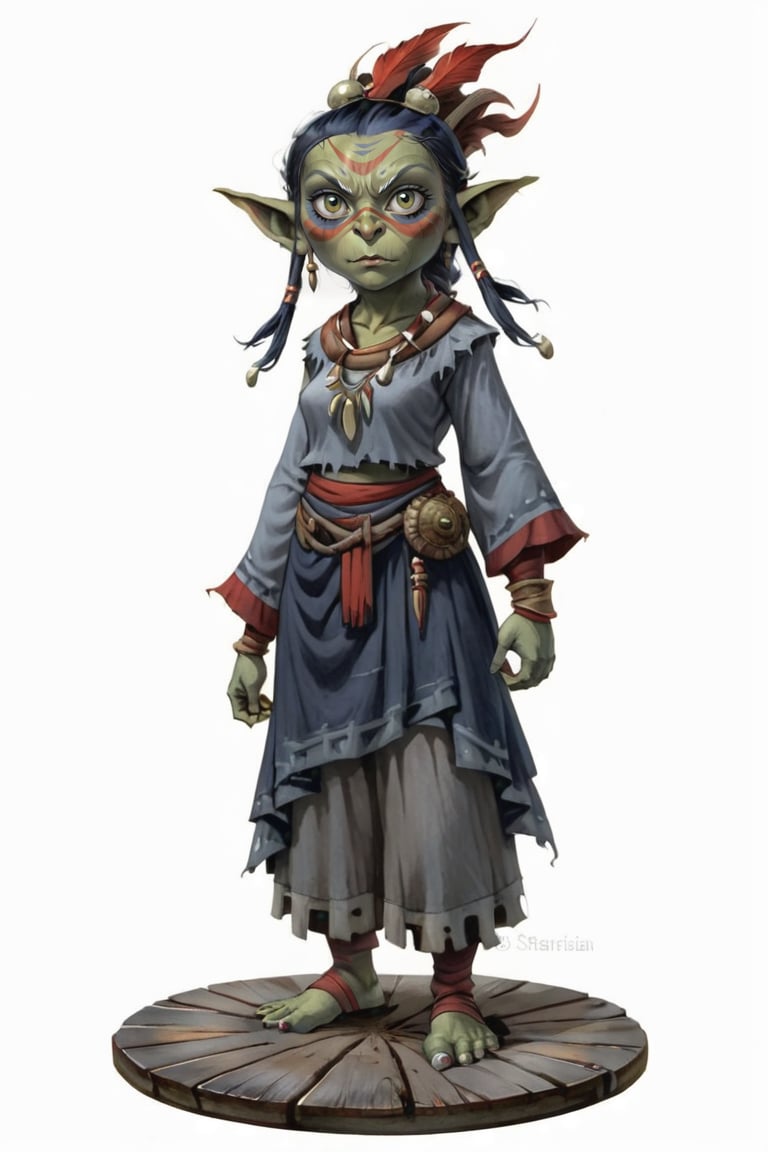 portrait of female goblin shaman with red navy and gray clothes standing on wooden planks on round stone pavement, full shot (FS), ((full body with legs)), standing, looking straight, | (white background:1.2), simple background |, medieval, pastel muted colors, digital art, 8K resolution, ultra quality, Watercolor, trending on artstation, intricate details, highly detailed