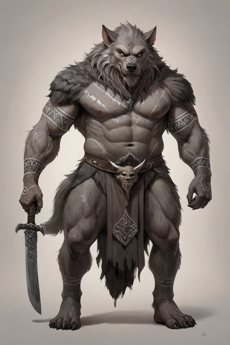 masterpiece of a scene depicting a scary bulky silver werewolf holding sabre, barefoot, ((((tribal tattoos)))), (((huge bulk, huge penis))), inspired by Nordic folklore and Norse mythology, Frightening, Atmosphere magic, full shot (FS), ((full body with legs)), standing, looking straight, | (white background:1.2), simple background |, medieval, pastel muted colors, digital art, 8K resolution, ultra quality, Watercolor, trending on artstation, intricate details, highly detailed