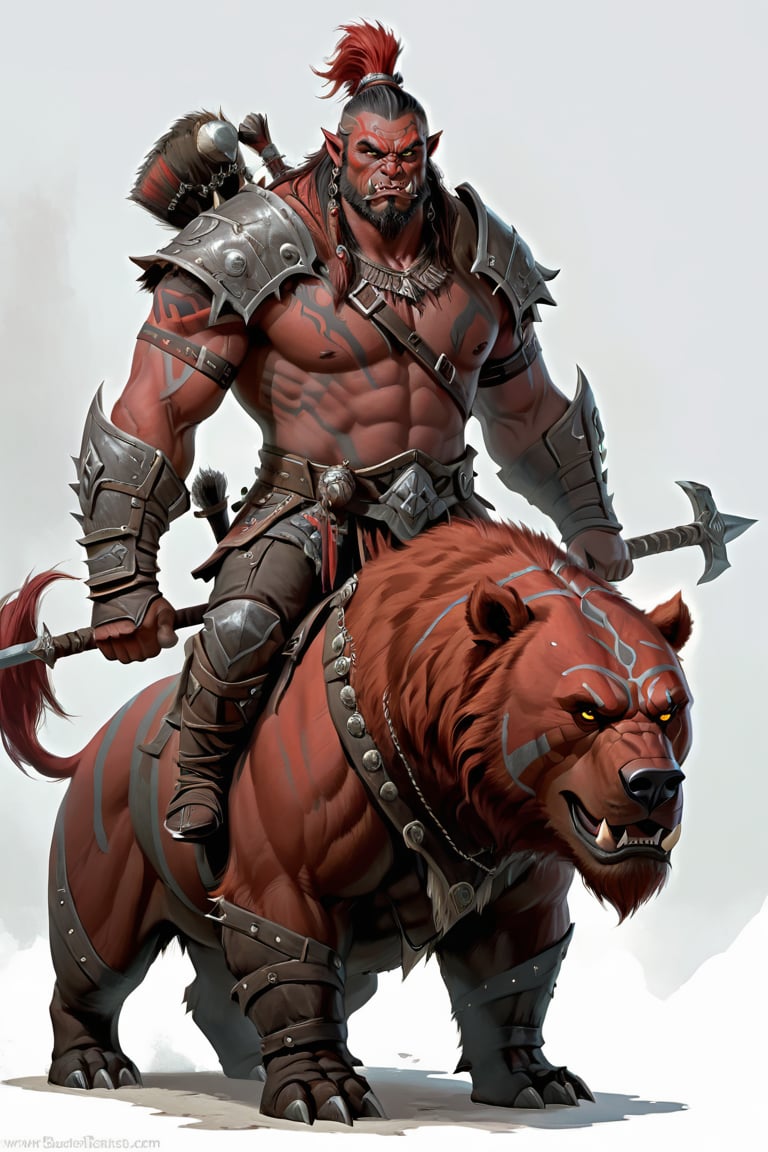 portrait of male pastel red skin orc warrior riding brown bear, (red skin:1.5), full shot (FS), ((full body with legs)), standing, looking straight, | (white background:1.2), simple background |, Cinematic lighting, ethereal light, medieval, pastel muted colors, digital art, 8K resolution, ultra quality, trending on artstation, intricate details, highly detailed