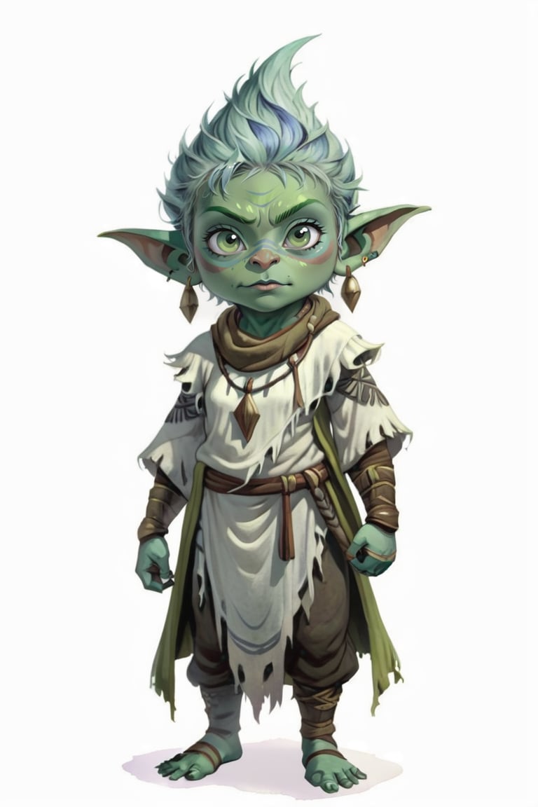portrait of green skin female goblin small baby toddler shaman with frost clothes, (green skin:1.5), full shot (FS), ((full body with legs)), standing, looking straight, | (white background:1.2), simple background |, medieval, pastel muted colors, digital art, 8K resolution, ultra quality, Watercolor, trending on artstation, intricate details, highly detailed