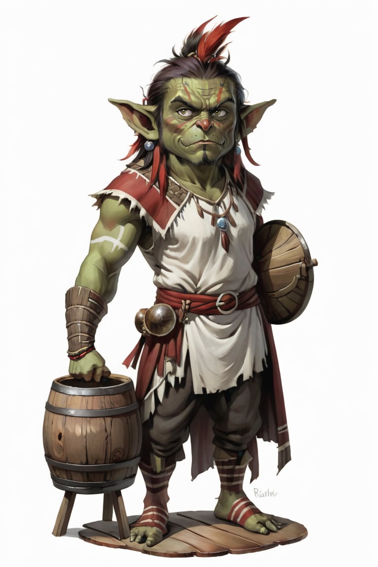 portrait of male goblin shaman with white and red painted wearing wooden barrel with pile of wood standing on wooden planks, full shot (FS), ((full body with legs)), standing, looking straight, | (white background:1.2), simple background |, medieval, pastel muted colors, digital art, 8K resolution, ultra quality, Watercolor, trending on artstation, intricate details, highly detailed, greg rutkowski, ,greg rutkowski
