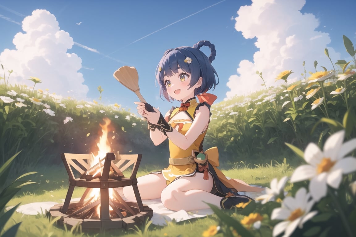 masterpiece, best quality, 1girl, happy, campfire, cooking, blue sky, cloudy, meadow, flowers, sitting, xianglingdef