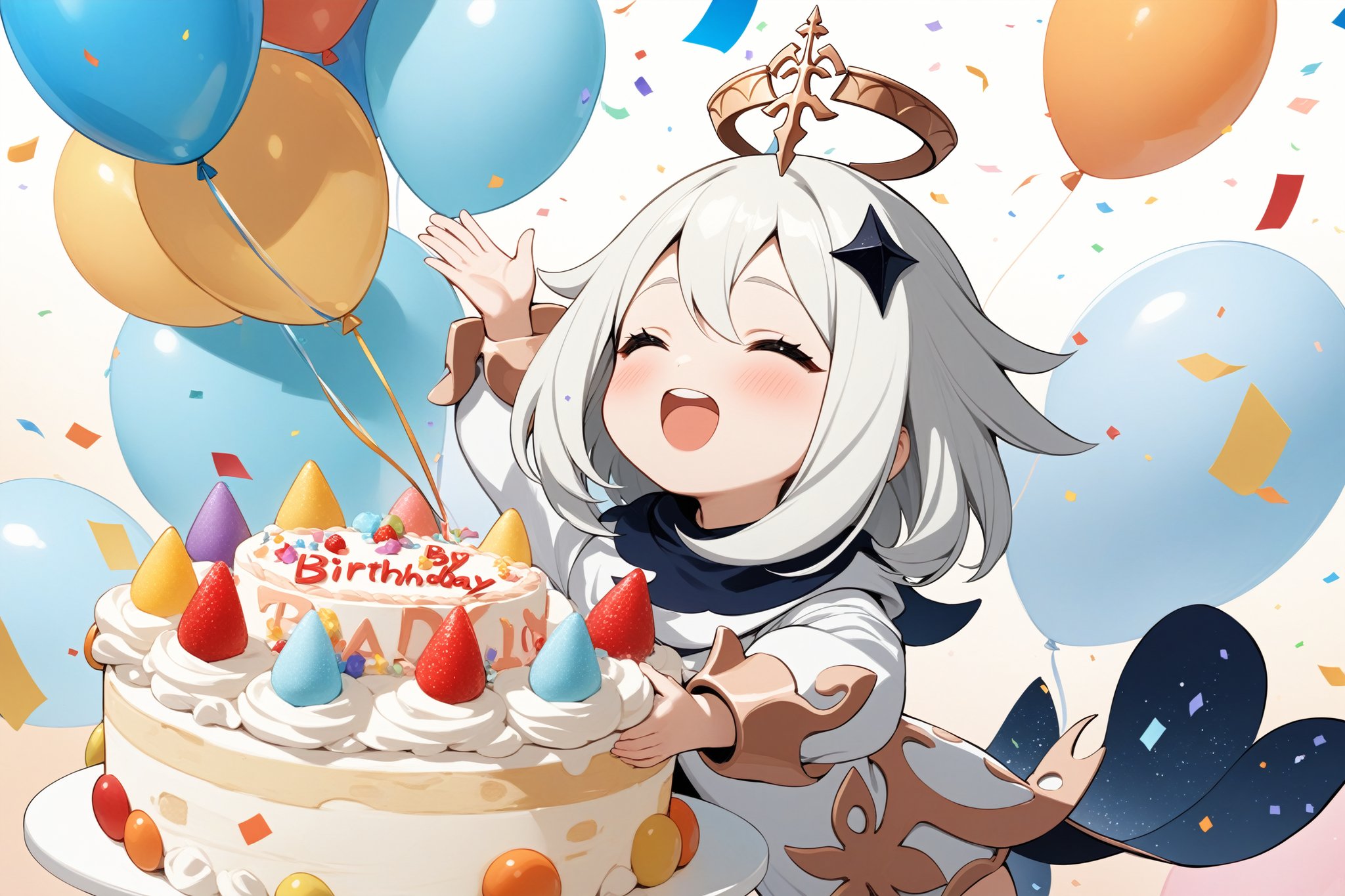 masterpiece, best quality, 1girl, paimon genshin impact, celebrating her birthday, birthday cake for paimon, confetti, balloons, colorful and joyful