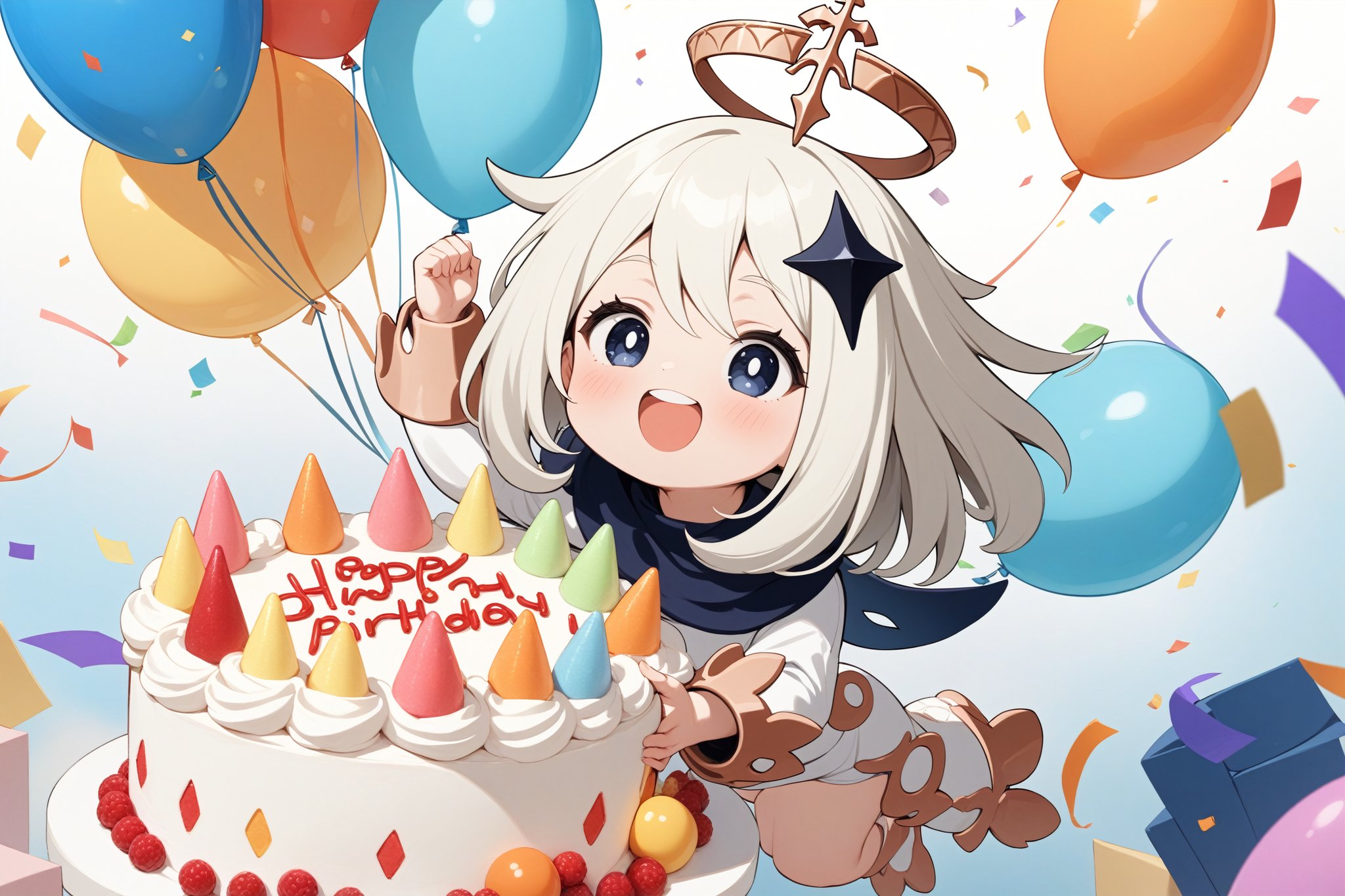 masterpiece, best quality, 1girl, paimon genshin impact, celebrating her birthday, birthday cake for paimon, confetti, balloons, colorful and joyful