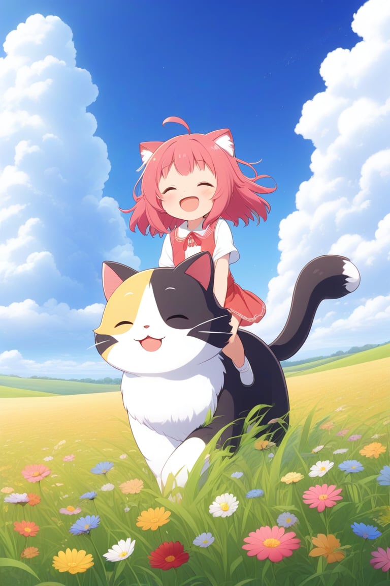 1girl, ahoge, closed eyes, looking at viewer, happy, blue sky, cloudy, girl riding giant cat leaping to front, meadow, pov, grass, flower