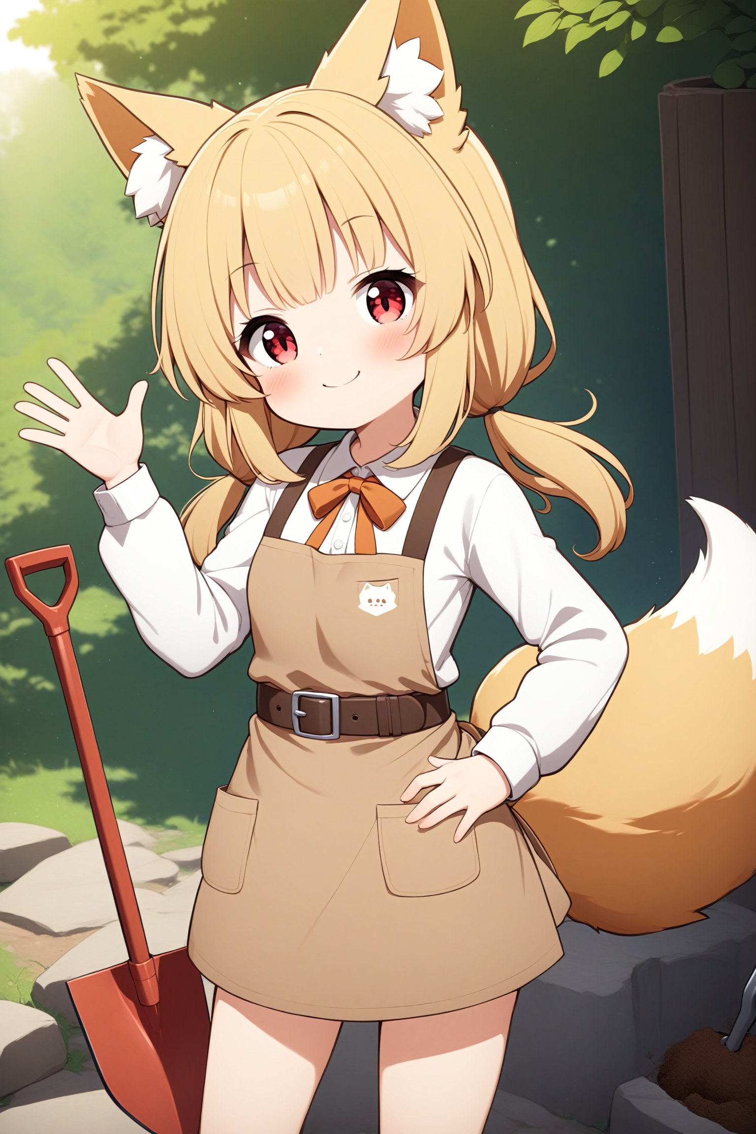 1girl, solo, long hair, looking at viewer, blush, smile, bangs, blonde hair, shirt, red eyes, long sleeves, animal ears, twintails, closed mouth, standing, tail, white shirt, outdoors, collared shirt, belt, apron, animal ear fluff, dress shirt, fox tail, low twintails, fox girl, shovel, brown apron, waving hand, smug