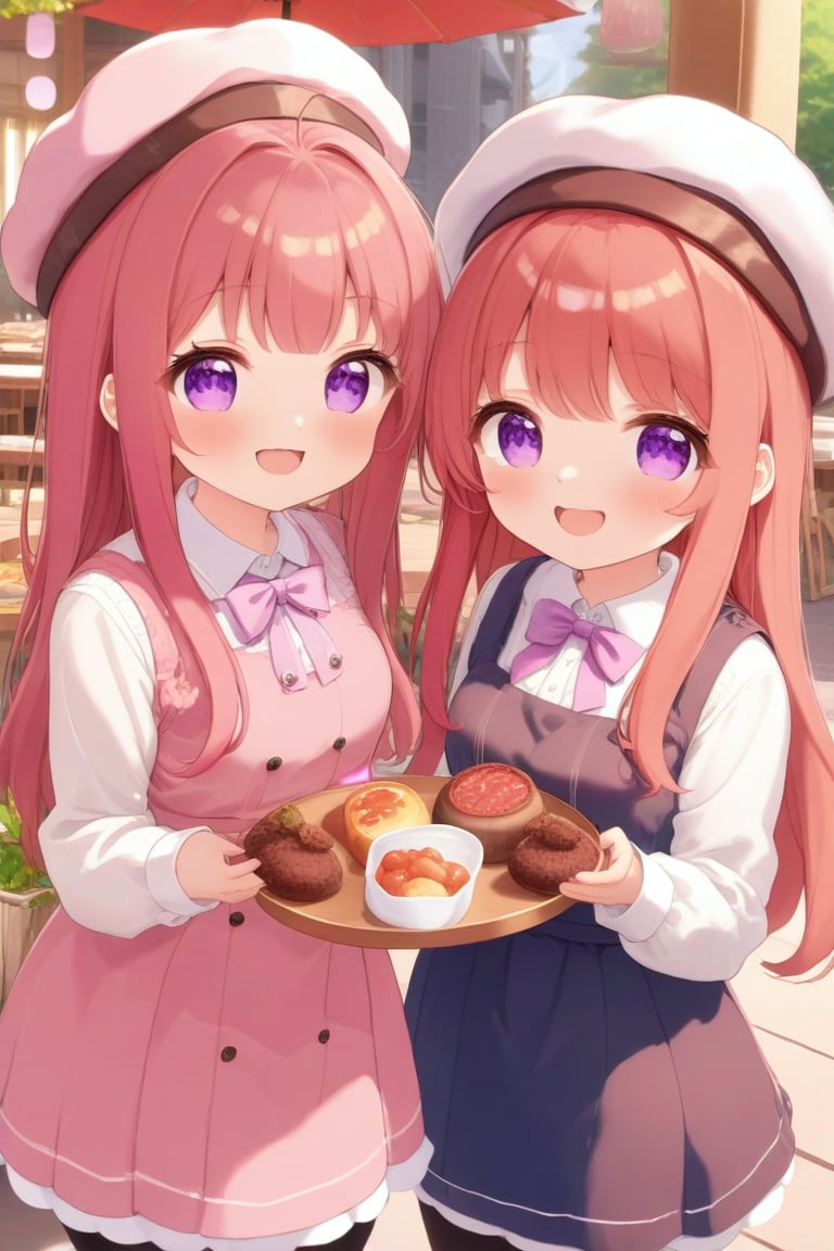 kawaii, long hair, looking at viewer, blush, smile, open mouth, bangs, multiple girls, brown hair, shirt, long sleeves, hat, dress, bow, holding, 2girls, purple eyes, white shirt, pink hair, :d, pantyhose, red hair, outdoors, food, collared shirt, siblings, beret, white headwear, red dress, pink bow, pink dress, tray, purple bow, pinafore dress, pink apron