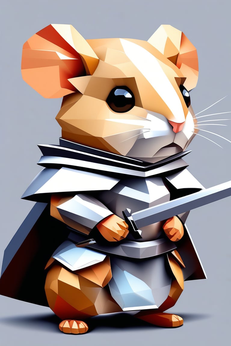 lopy, low poly, looking at viewer, simple background, full body, grey background, animal, claws, animal focus, cute hamster, wearing knight armor, holding sword